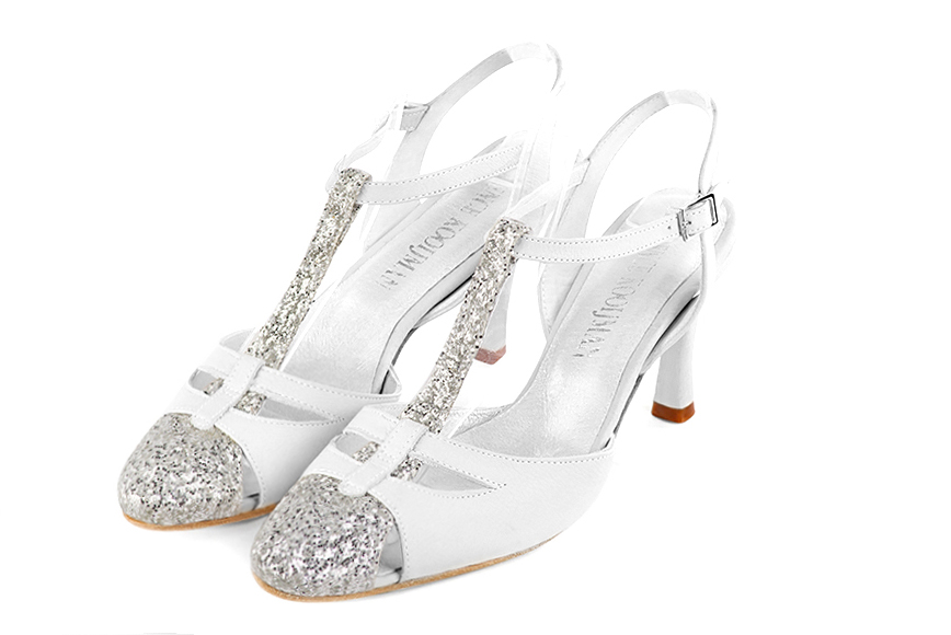 Women's silver and off white elegant T-strap closed-toe heels. Round toe. High slim heel - Front view
